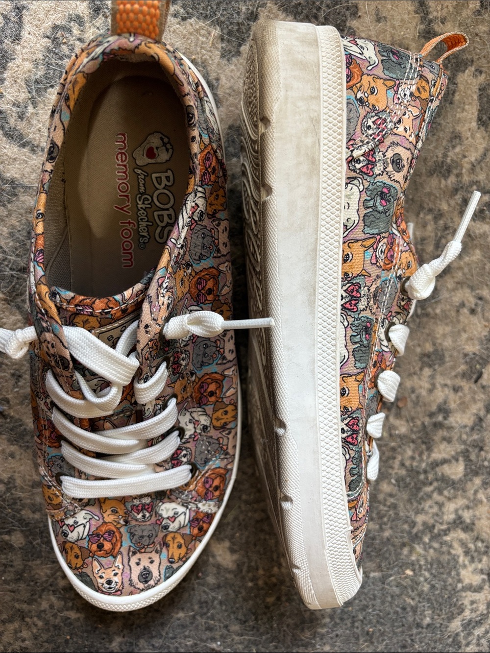 BOBS from Skechers Floral Dog Print Sneakers in Peach, Gray & White